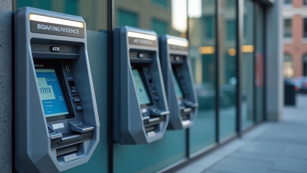 ATM machines outside a bank branch showing network logos and fee warning signs