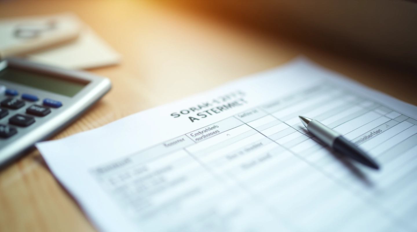 Bank statement printout on desk with pen and calculator showing line items and totals