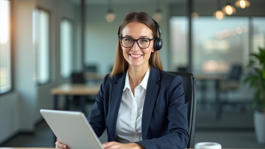Customer service representative at bank desk wearing headset, ready to assist with banking questions