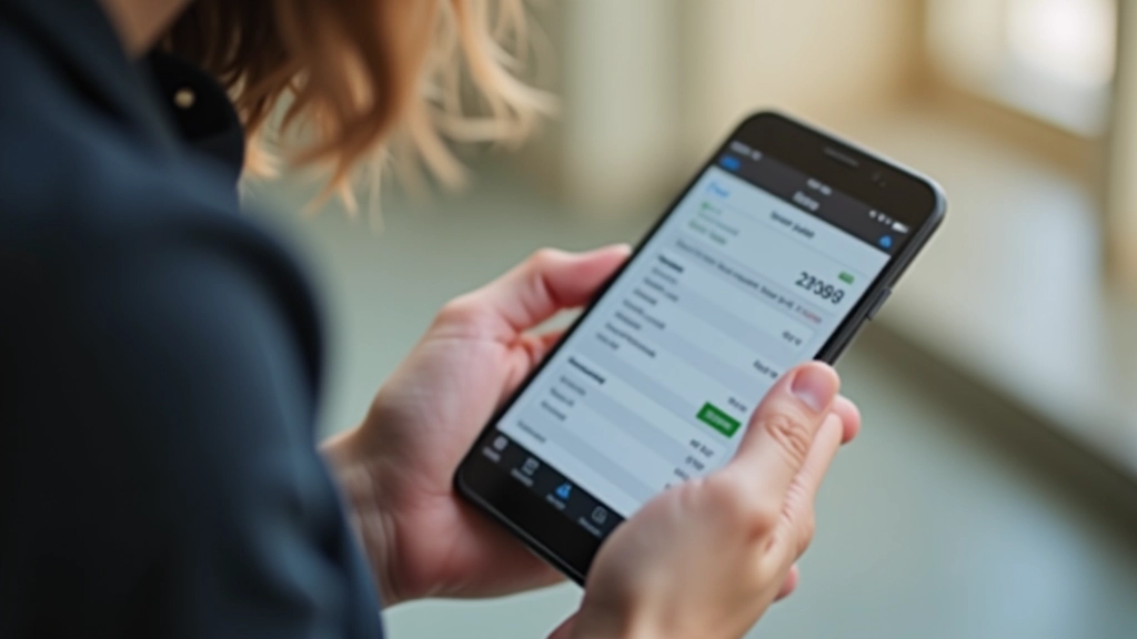 Person holding smartphone with banking app displayed on screen, secure connection indicator visible