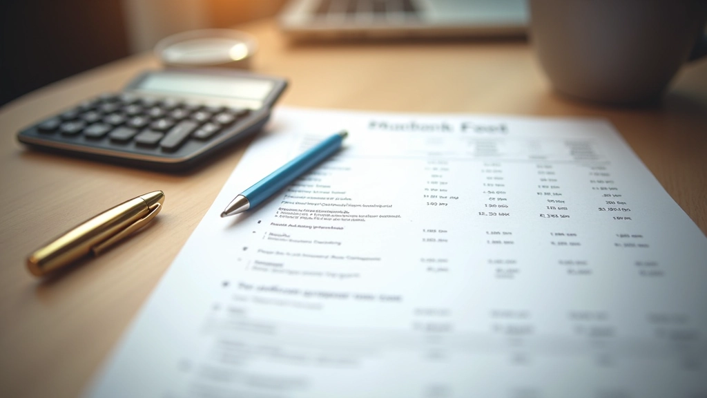 Printed bank fee breakdown chart next to a calculator on a desk, showing various fee categories and amounts