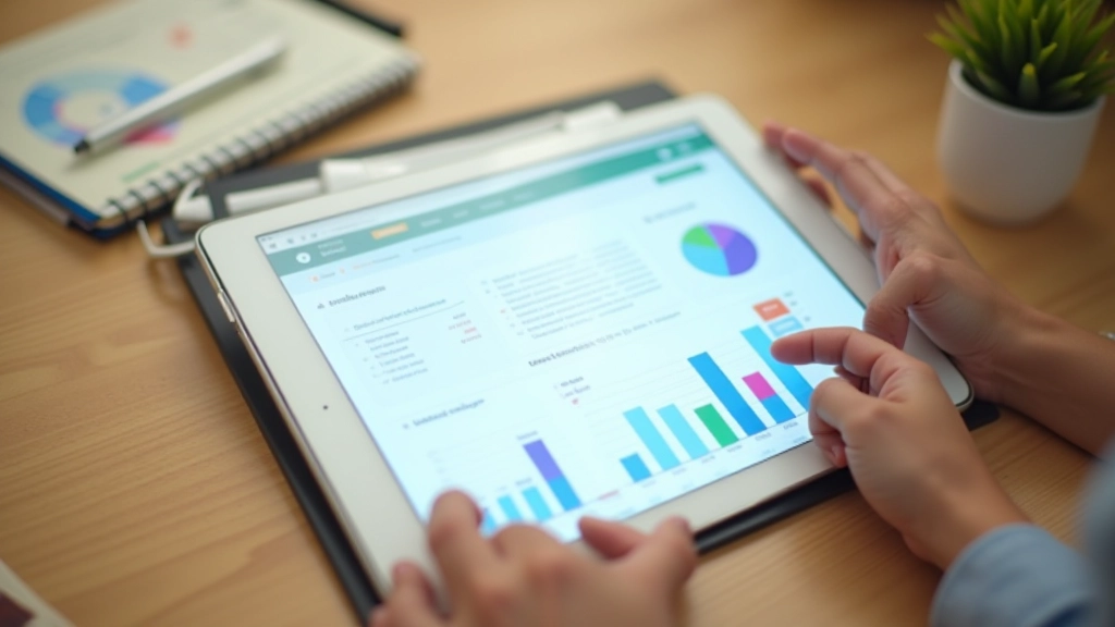 Tablet showing detailed banking dashboard with account summary, transaction history, and menu options clearly visible