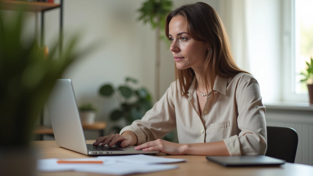 Woman at laptop reviewing online banking dashboard showing account balance and recent transactions